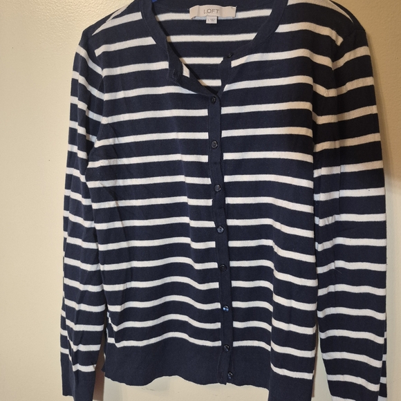 LOFT Striped Navy and White Cardigan - Picture 2 of 8